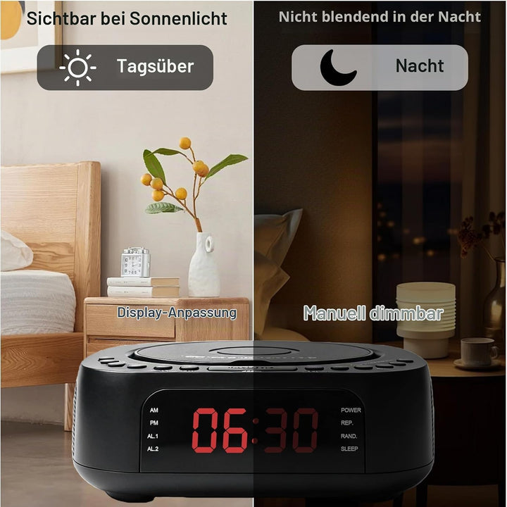 CD Player Tragbar mit Bluetooth, FM Radio, MP3 CD-Player mit Dual Stereo Lautsprecher, Wecker, Sleep