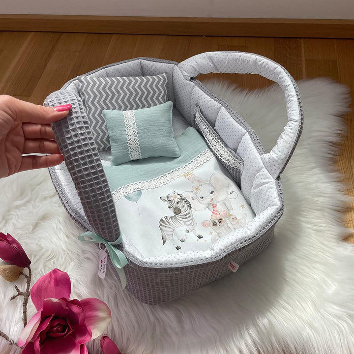 Puppentragetasche für Puppen 30-35 cm,Grau, Geschenk, Tieren, Baumwolle, Waschbar