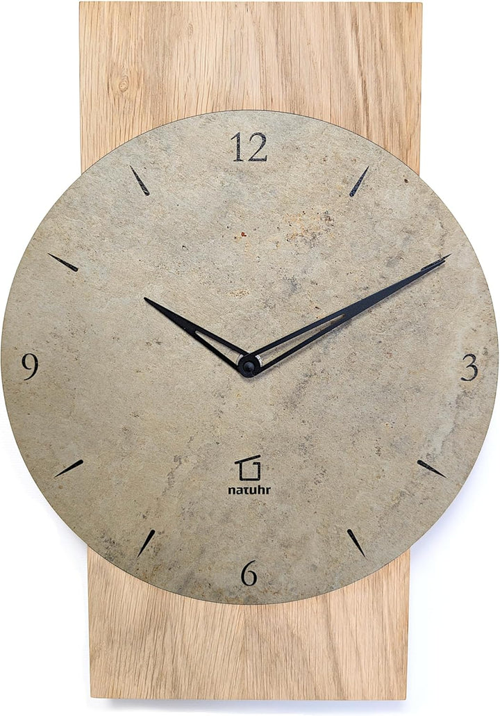 Natuhr Schiefer Wanduhr - Zugspitze - Holz Eiche Schiefer Stein Made in Germany (Heller Schiefer - E