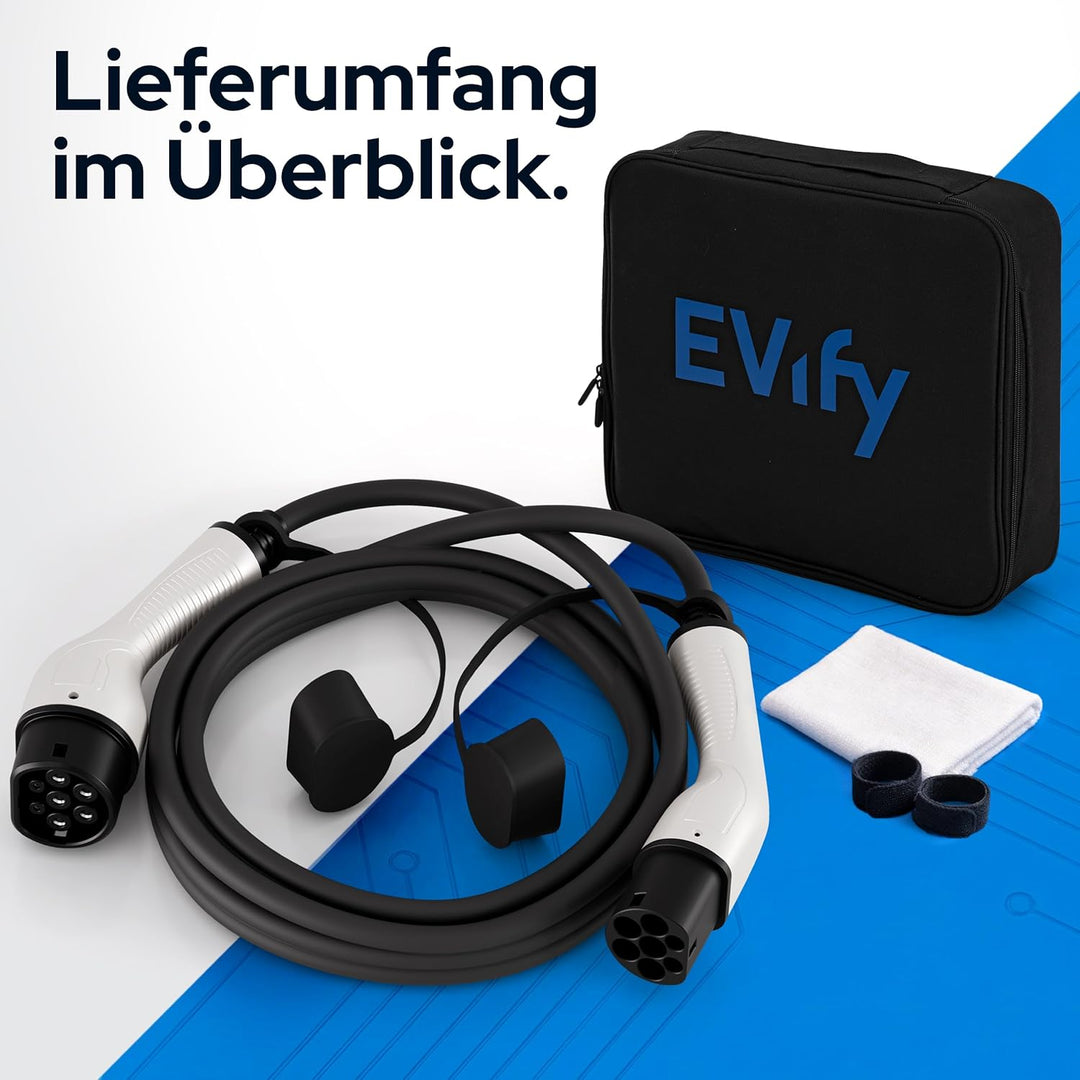 EVify Typ 2 Ladekabel 11kW 5M 16A für Elektroauto & Hybrid inkl. Kabeltasche • Kabel 3 phasig für EV