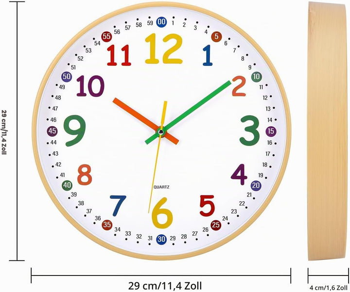 ACCSHINE Kinder Wanduhr ohne Tickgeräusche Lernuhr 30cm Bunt Zahlen Modern Quartz Lautlos Wanduhren