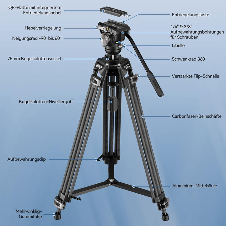 SIRUI AVT-12 Carbon Profi-Videostativ 185cm mit Flüssigkopf, Schnellwechselplatte, 15kg Tragkraft un