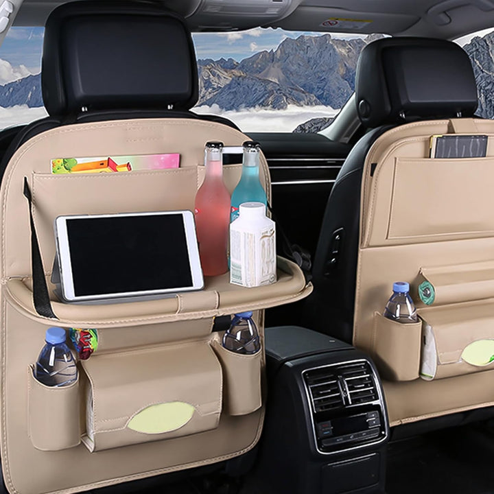 Ergocar Auto Organizer Rückenlehnenschutz Luxus Autositzschutz aus PU-Leder mit faltbarem Tablethalt