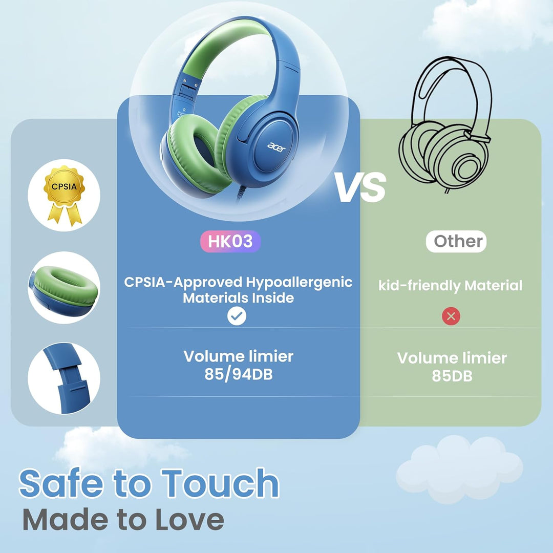 Acer Kopfhörer Kinder mit 3,5 mm Kabel, 85/94dB Lautstärkebegrenzung Blau Grün, Blau Grün