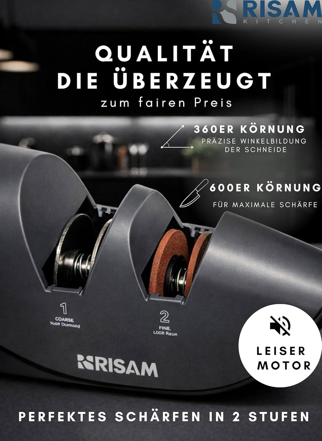 Messerschärfer elektrisch – 2-Stufen Schleifsystem – Messer schärfen für Küchenmesser & Keramikmesse