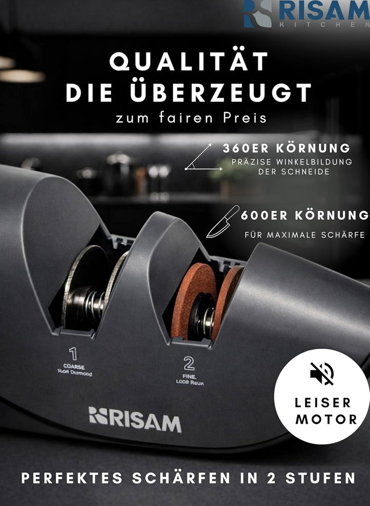 Messerschärfer elektrisch – 2-Stufen Schleifsystem – Messer schärfen für Küchenmesser & Keramikmesse