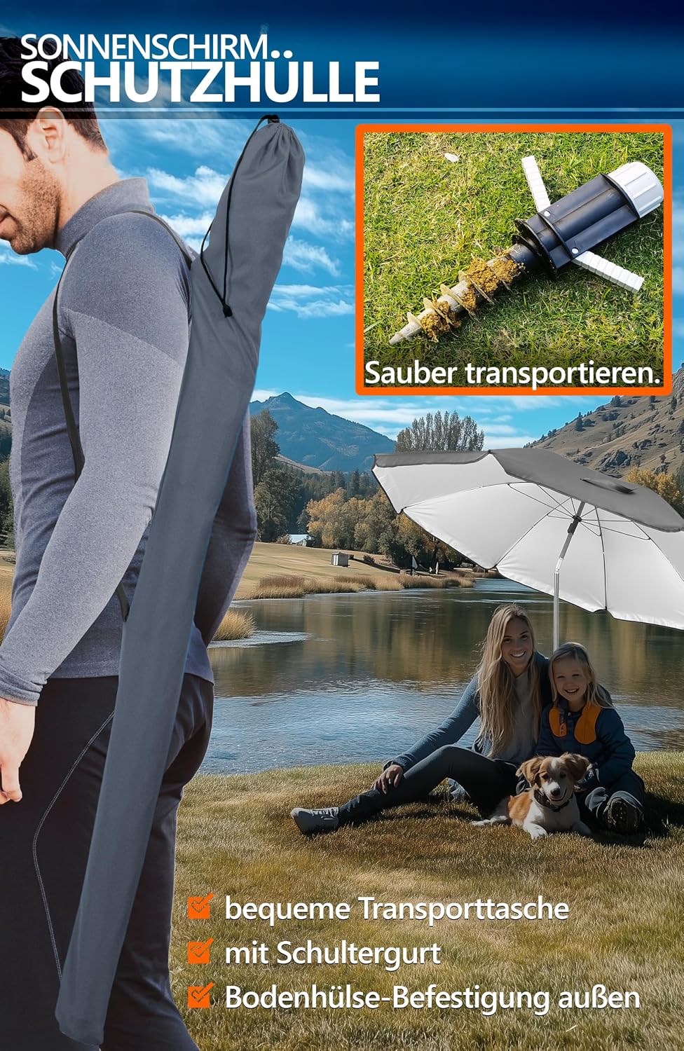 4smile Sunnyjoy Sonnenschirm Strand 3-IN-1 Set - Strandschirm windfest stabil, UPF 50+ Sonnenschirm