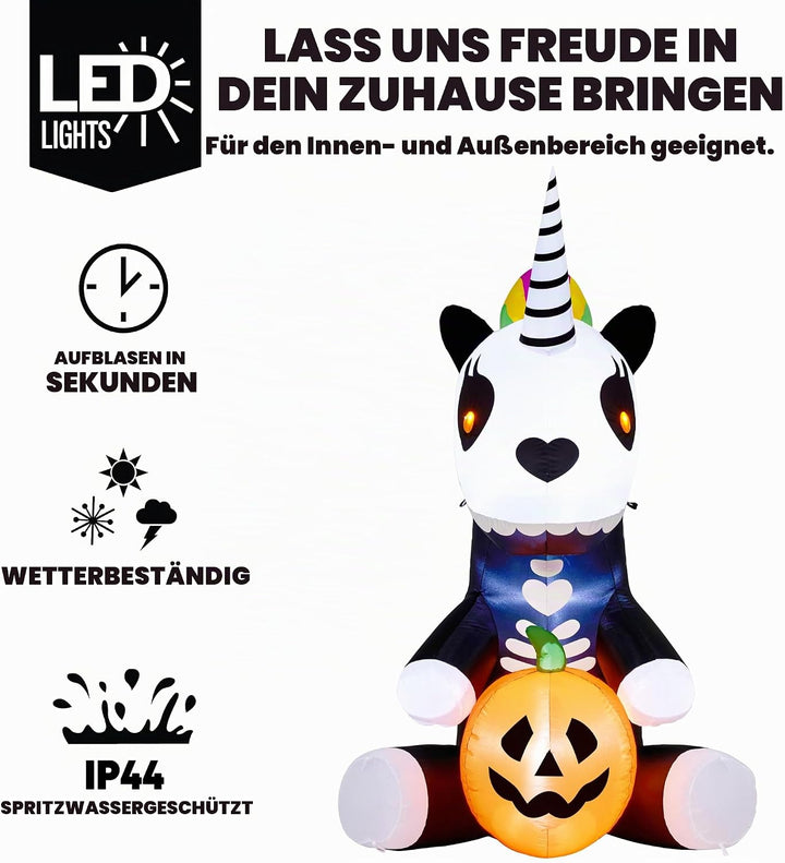 Joiedomi Aufblasbares Halloween-Skelett-Einhorn, 152 cm, aufblasbar, mit eingebauten LEDs, aufblasba