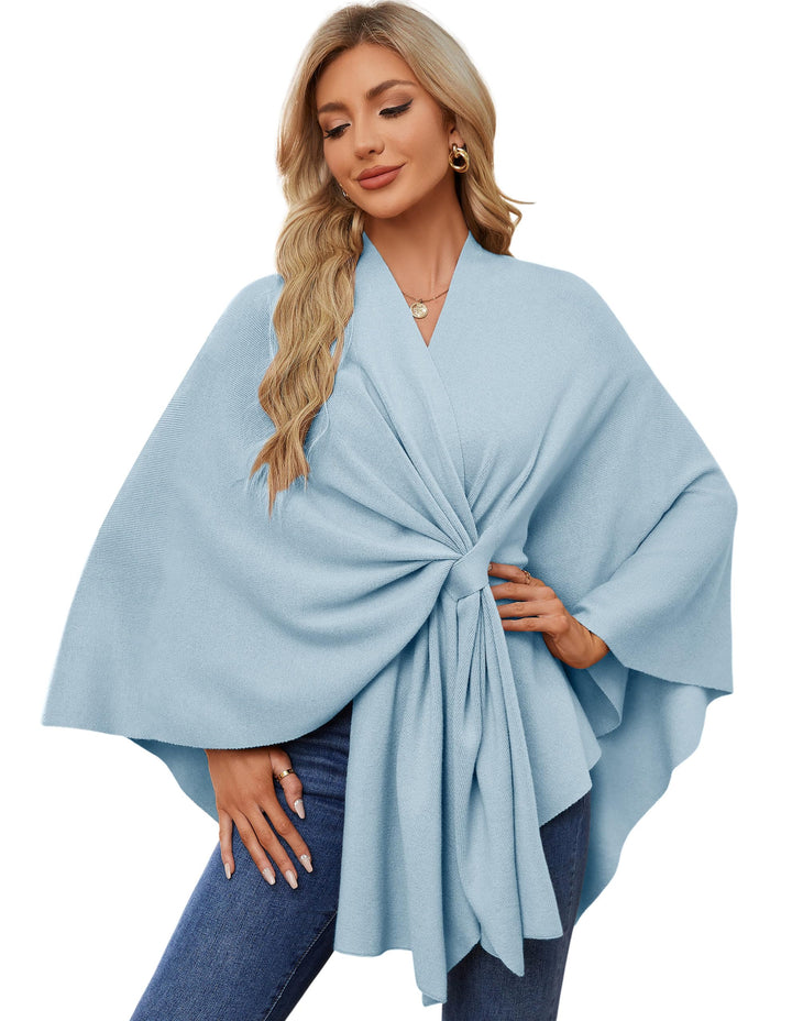 PULI Damen Elegant Poncho Strick Ponchos Capes Vorne öffnen Vielseitige Schalwickel mit Lasche Blau,
