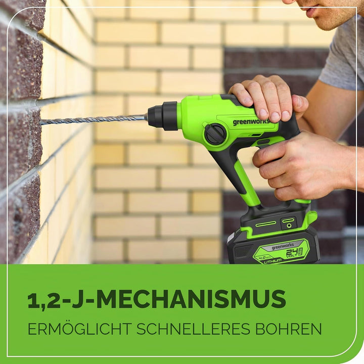 Greenworks 24V bürstenloser Akku-Bohrhammer, Schlagenergie 1,2 Joule, SDS-Plus, nur Werkzeug Nur Wer