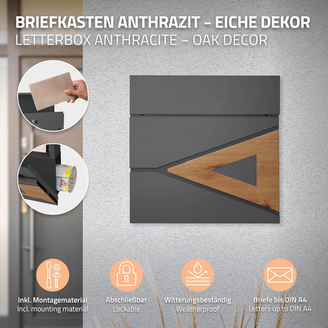 ML-Design Briefkasten 37x36,5x11 cm Anthrazit/Holzoptik aus Stahl, Postkasten mit Zeitungsfach, Absc