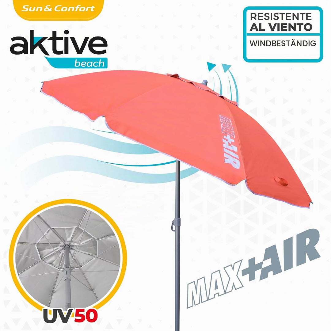 AKTIVE 62245 – Windfester Strandschirm mit UV50-Schutz Koralle | Masse Ø220 cm, höhenverstellbar | W