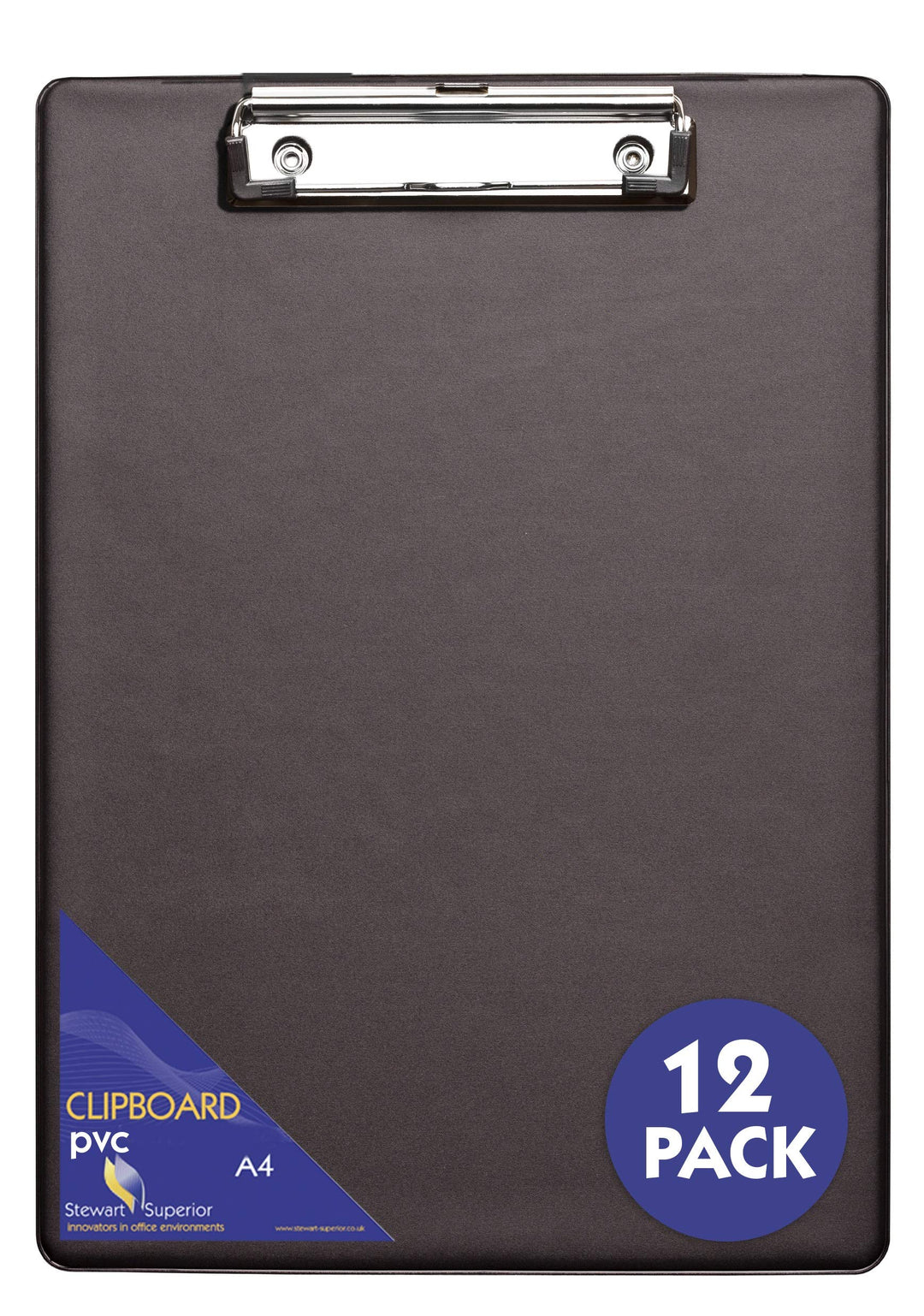 SECO Stewart Superior A4+ PVC beschichtetes Klemmbrett mit Hochleistungsklammer - Schwarz (12er Pack