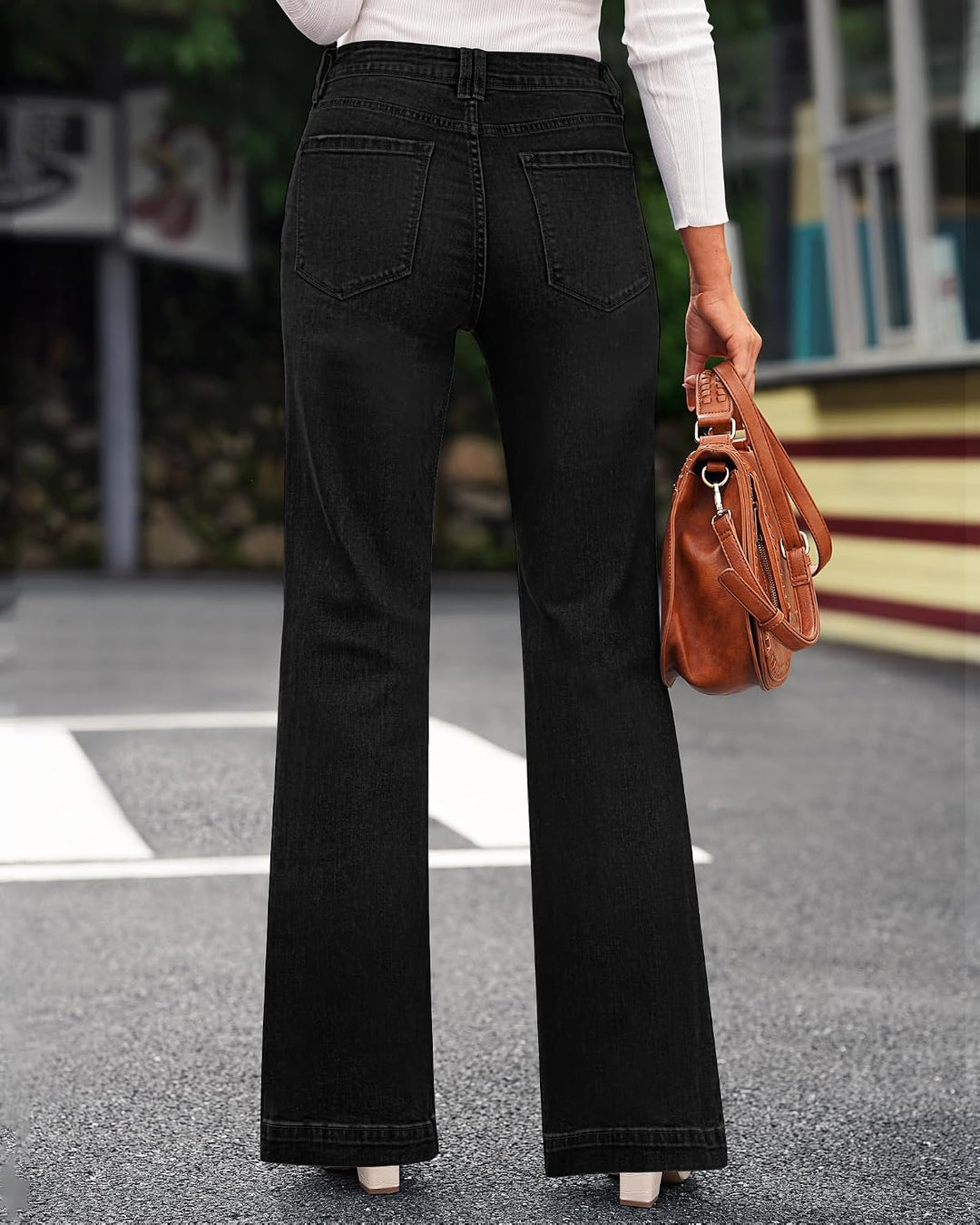 Schlaghose Damen High Waist Wide Leg Baggy Jeans Stretch Hosen, XS Schwarz Gewaschen