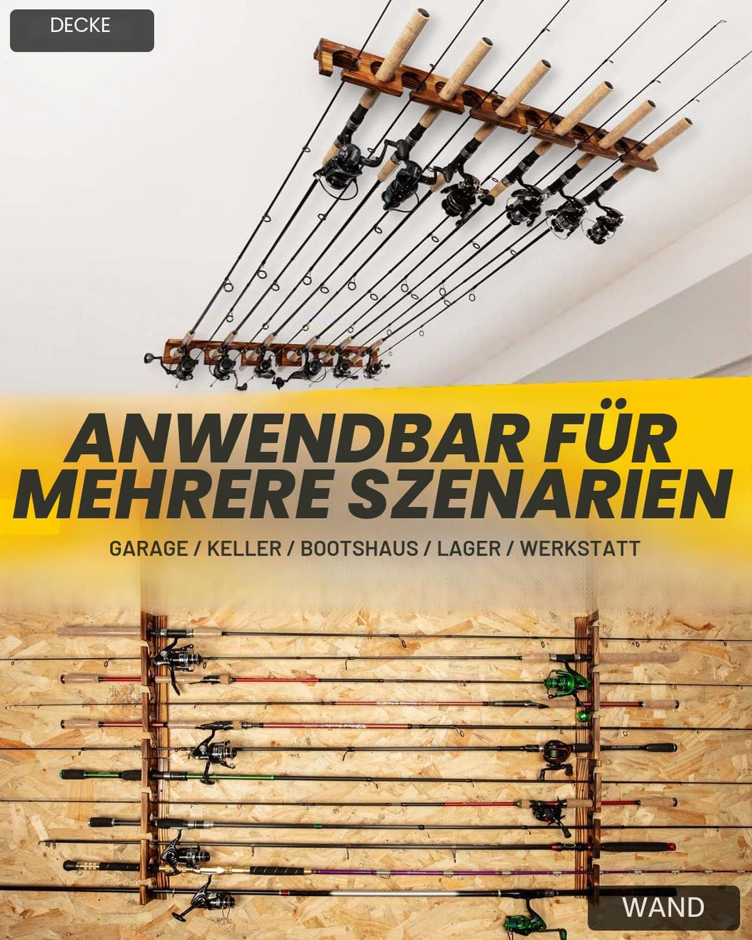 Ghosthorn Für bis zu 12 Ruten, Angelrutenhalter, Wand- oder Deckenmontage, für Garage, Aufbewahrung,