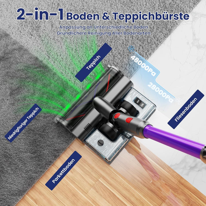 A12 Akku Staubsauger mit Wassertank, 50Kpa/600W/70Min/8-in-1, Kabelloser Staubsauger mit LED Touchsc