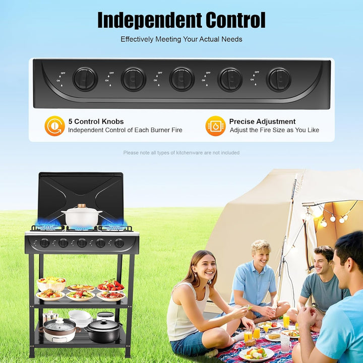 Gasherd 5 Flammen 2 5KW Propan Gaskochfeld Freistehend Outdoor Camping Kochfeld mit Ablageflächen un