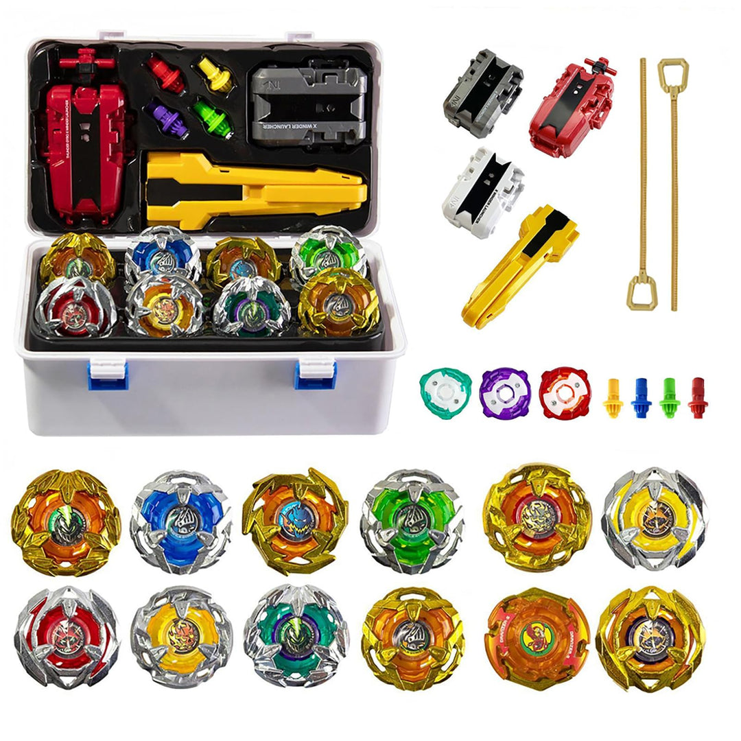 Battling Tops, 12 Kreisel, 3 Werfer, 1 Griff, 3 Mittelringe und 4 Basen, mit Aufbewahrungsbox, Gebur
