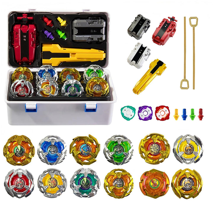 Battling Tops, 12 Kreisel, 3 Werfer, 1 Griff, 3 Mittelringe und 4 Basen, mit Aufbewahrungsbox, Gebur