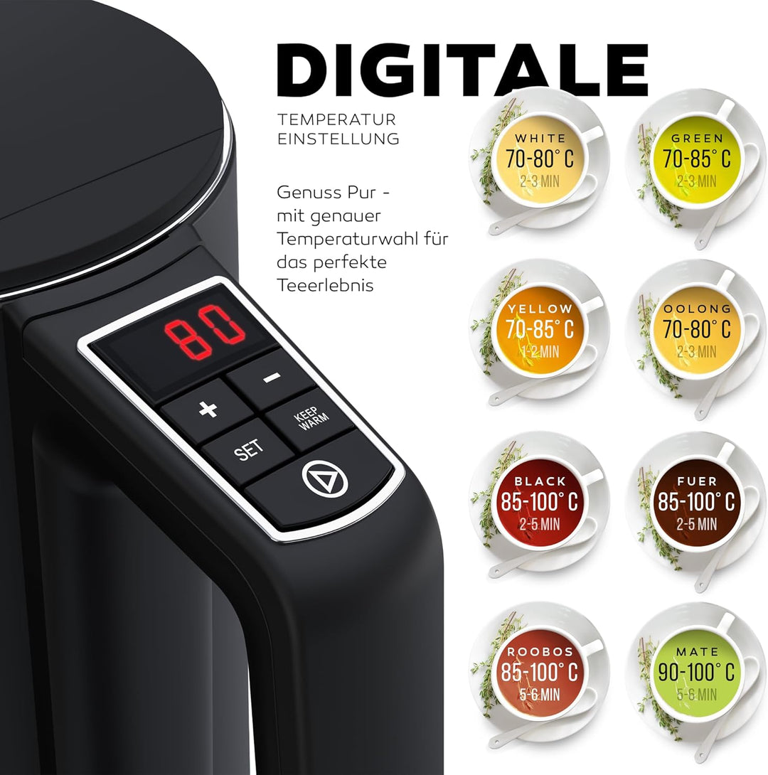 BALTER Edelstahl Wasserkocher mit Temperatureinstellung, 40°C-100°C, Doppelwand, BPA frei, leise & k