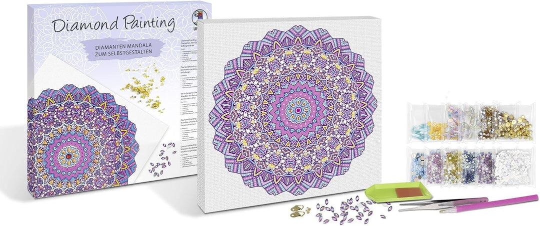 Ursus 43520008F - Diamond Painting Mandala Set 8, Bastelset mit Steinchen in Lila-, Pink- und Blautö