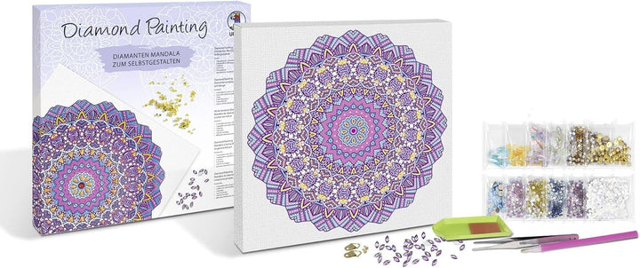 Ursus 43520008F - Diamond Painting Mandala Set 8, Bastelset mit Steinchen in Lila-, Pink- und Blautö