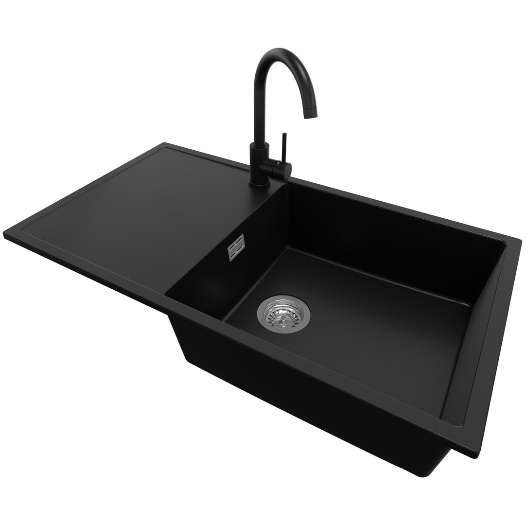 Spülbecken Schwarz 90x50 cm, Granitspüle 1 Becken XL + Ablauf-Set + Küchenarmatur 5000, Küchenspüle
