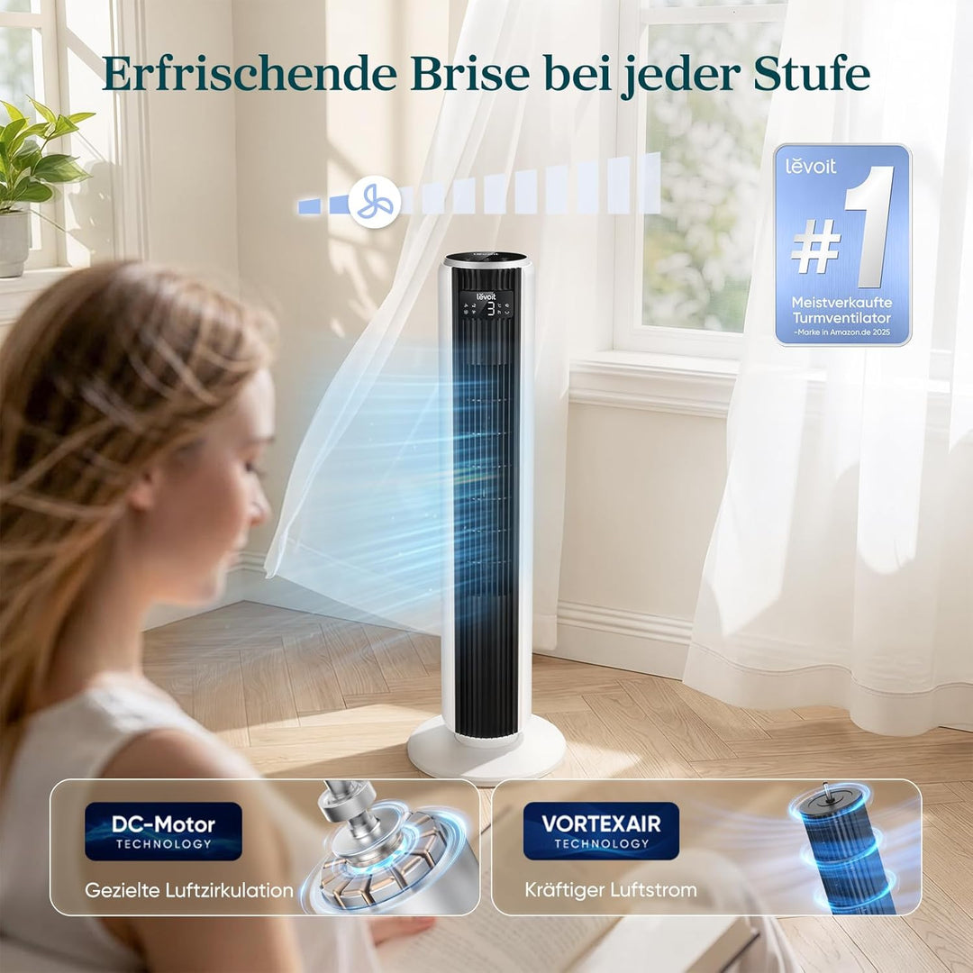 Levoit 20 dB sehr leiser Turmventilator mit Fernbedienung, 7,9 m/s Ventilator mit Kühlung, 90° oszil