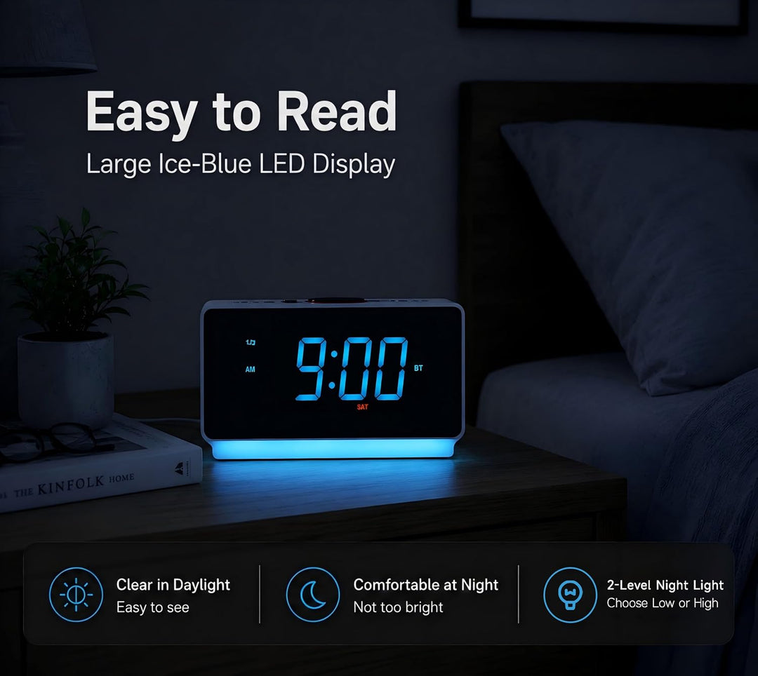 Radioweaker mit Bluetooth Lautsprecher, FM Radio, Dual Wecker mit Snooze, grosse LED Anzeige, Dimmer