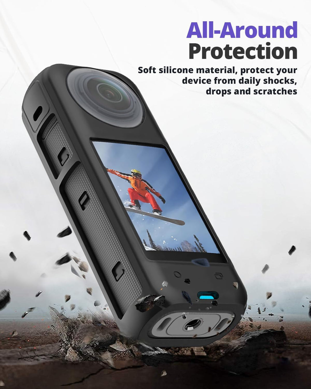 Semaiki Silikonhülle für insta360 X4,Silikonschutz mit Objektivdeckel und 2X Displayschutzfolien kom