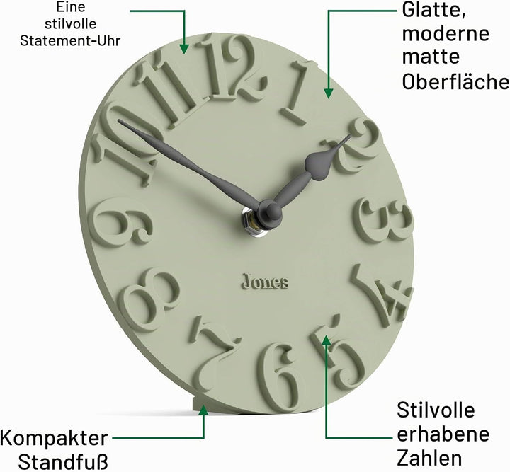 JONES CLOCKS® Hampstead Schreibtischuhr | Freistehend | Salbeigrün | Elegante erhöhte, geformte ziff