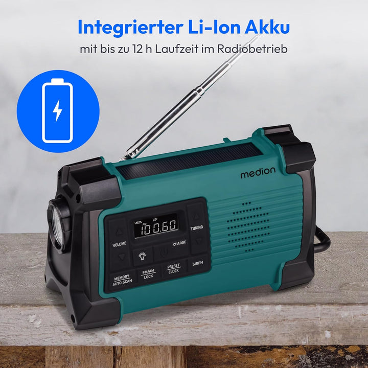 MEDION E66805 Kurbelradio (Solar, Dynamo Handkurbel, Baustellenradio, PLL UKW Radio, Taschenlampe IP