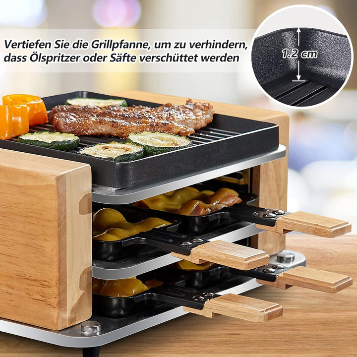 COKLAI Raclette Grill 4 Personen mit antihaftbeschichteter Gestreifte Grillplatte, mini Grill Raclet