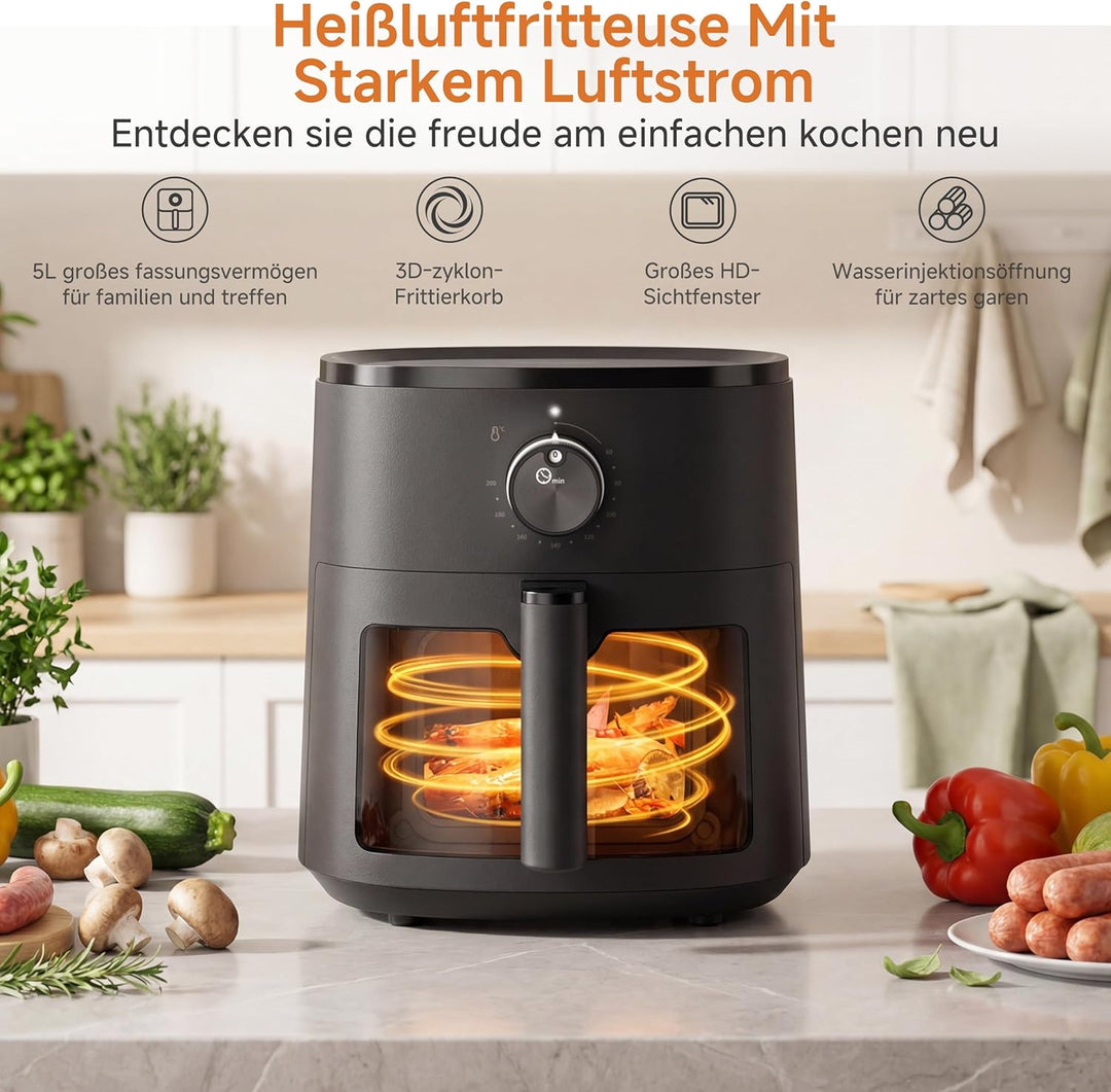 SIMPLUS Heissluftfritteuse 5L mit Sichtfenster, 1300W Airfryer, leise 43,2 dB, platzsparend, Heisslu