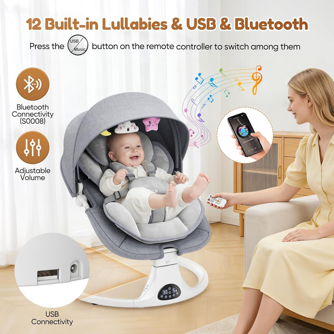 Verstellbare Rückenlehne Babyschaukel, Bluetooth Elektrisch Babywippe Mit Abnehmbares Kissen und Abn