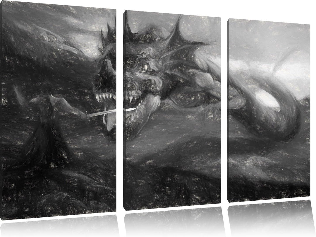 Pixxprint Drache kämpft gegen Krieger als Leinwandbild/Grösse: 3 Teilig (120x80 cm) cm/Wandbild/Kuns