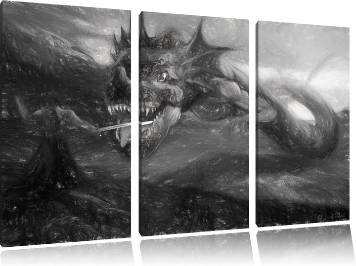 Pixxprint Drache kämpft gegen Krieger als Leinwandbild/Grösse: 3 Teilig (120x80 cm) cm/Wandbild/Kuns