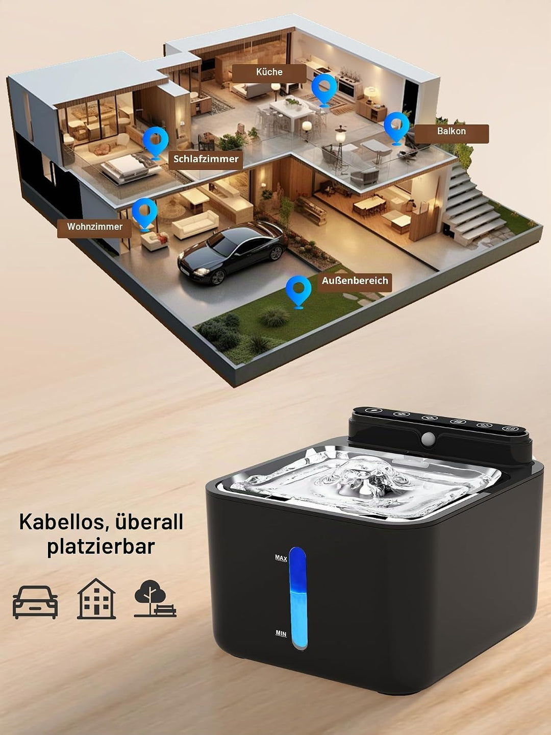 Trinkbrunnen für Katze Kabellos, Katzenbrunnen mit Bewegungsmelder, Katzenbrunnen Batteriebetrieben