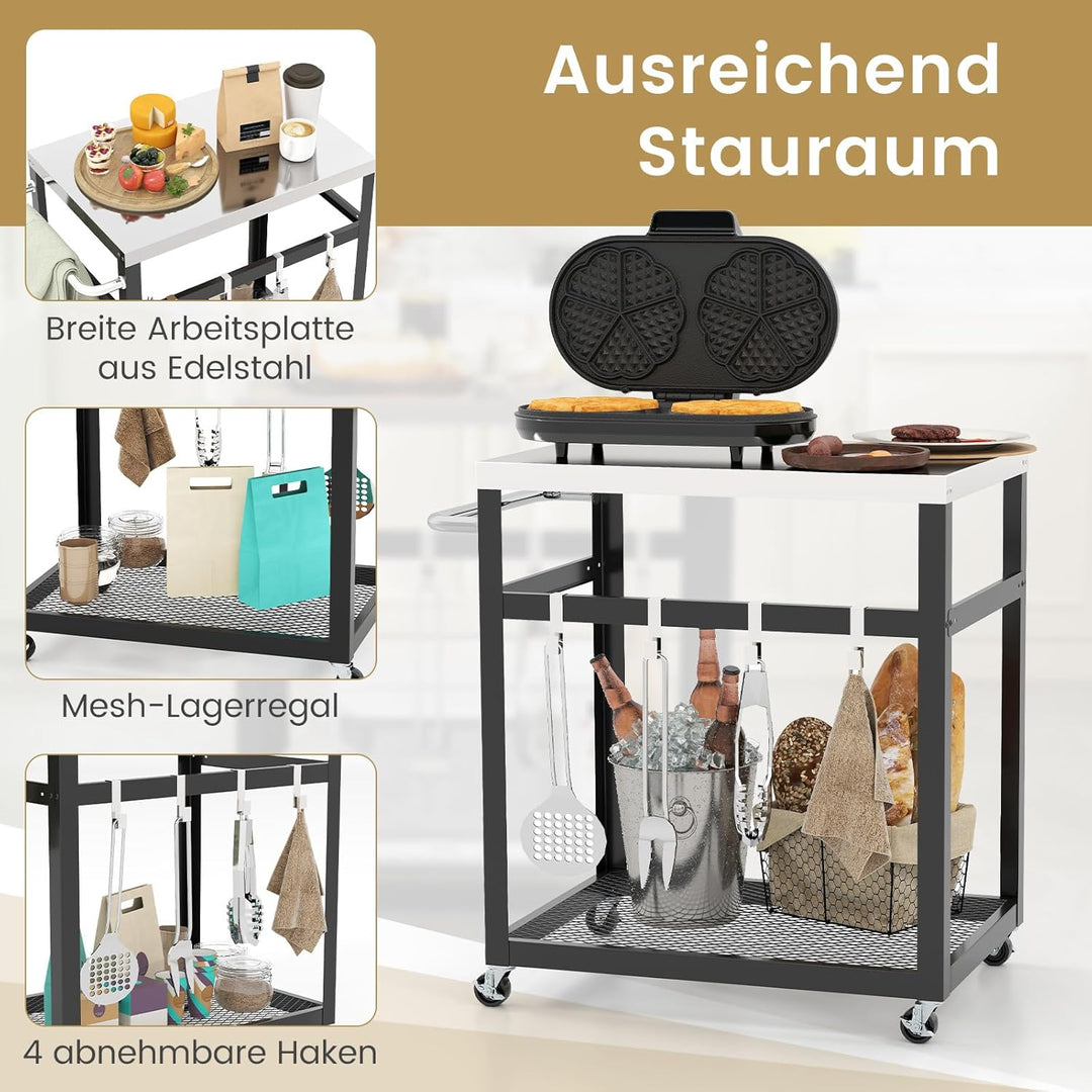 GOPLUS Grillwagen, BBQ Beistellwagen mit Edelstahl-Tischplatte, 2 Ebenen & Haken, Grilltisch mit Rol
