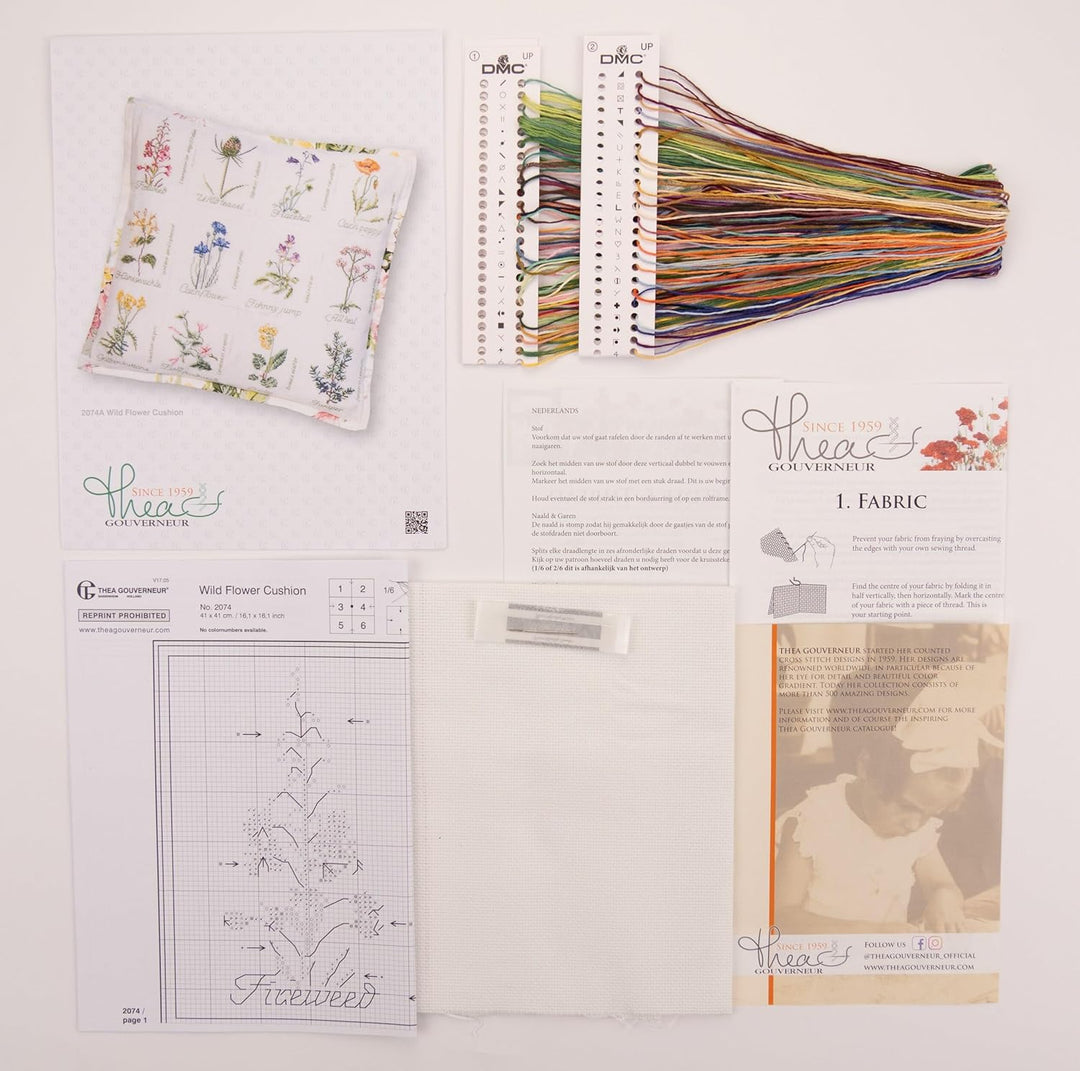 Thea Gouverneur - Kreuzstich-Set - Kissen mit Wildblumen - Aida - 16 Count - Für Erwachsene - 2074A