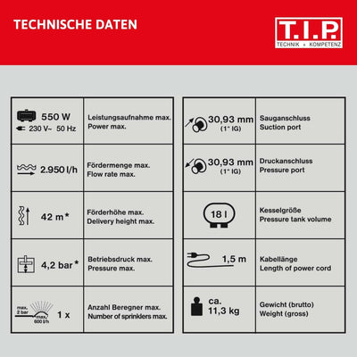 T.I.P. Hauswasserwerk Edelstahl (2.950 l/h Fördermenge, 42 m Förderhöhe, 4,2 bar Druck, 550 W, Insta