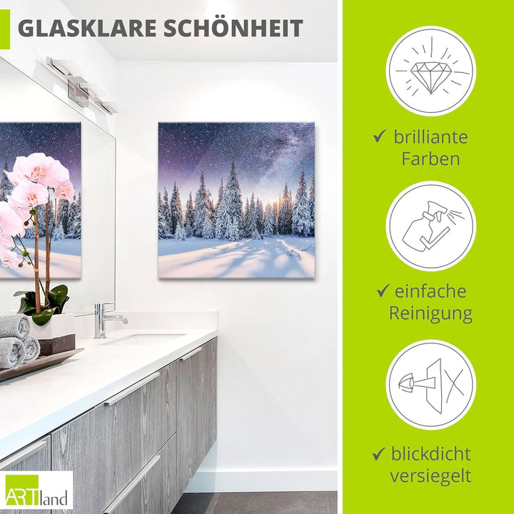 Glasbilder Wandbild Glas Bild einteilig 50x50 cm Quadratisch Winterlandschaft Wald Tannenbaum Natur