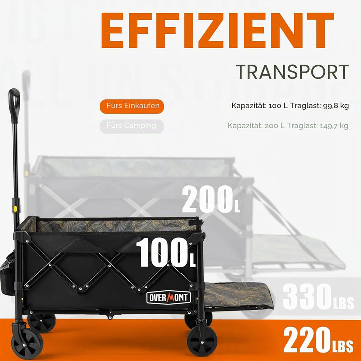 Overmont Klappbar Bollerwagen mit Faltbarer Heckklappe - Alle Gelände Räder - 100L mit Seitentaschen