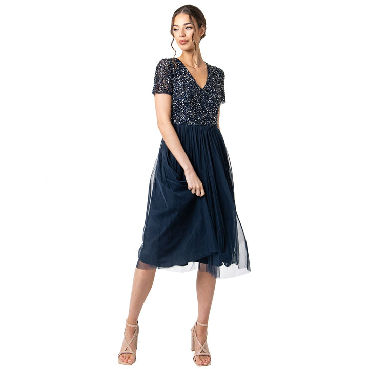 Maya Deluxe Damen Midi-Kleid mit V-Ausschnitt, Verziert Brautjungfernkleid Navy 56, Navy 56