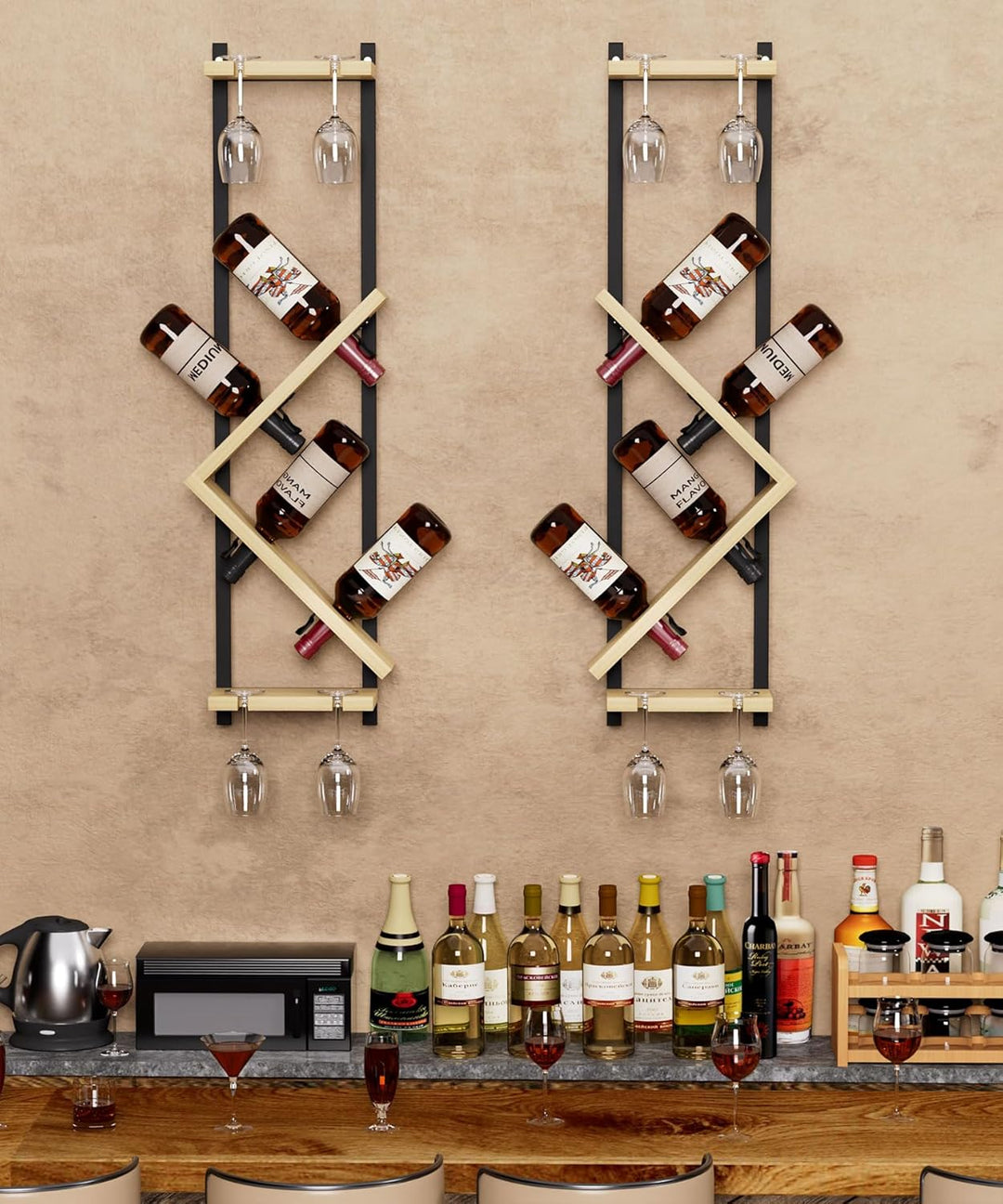 Yorbay Wand Holz Weinregal mit Glashalter: Schmales Design-Flaschenregal mit Metallrahmen für 4 Wein