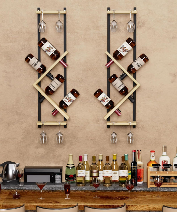Yorbay Wand Holz Weinregal mit Glashalter: Schmales Design-Flaschenregal mit Metallrahmen für 4 Wein