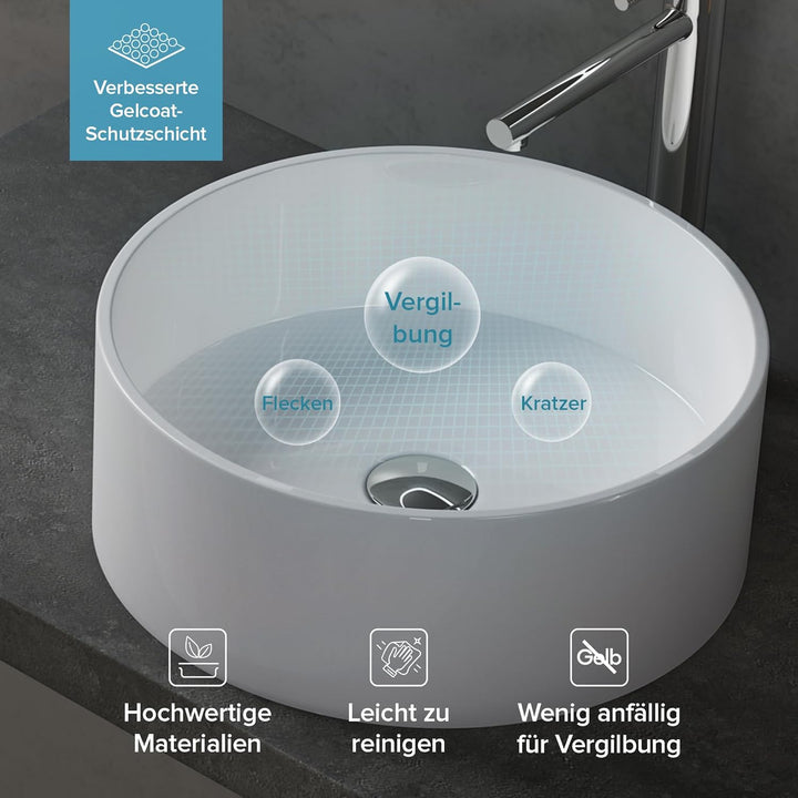 doporro Aufsatzwaschbecken rund Colossum804 Weiss glänzend Ø 40 cm Mineralguss Waschbecken ohne Arma