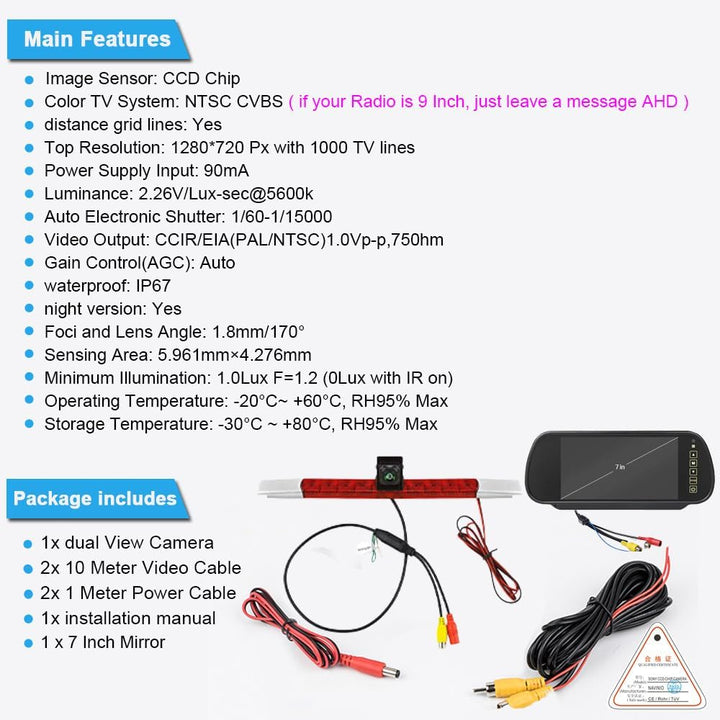 Drittes Bremsleuchte Kamera Bremslicht Einparkkamera Rückfahrkamera + 7 Zoll TFT LCD Bildschirm Auto