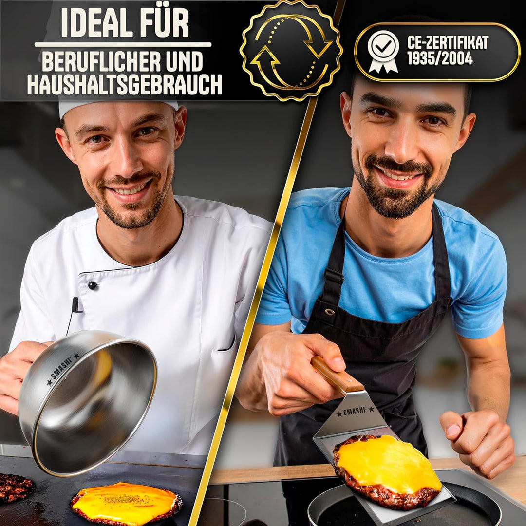 SMASHI® Smash Burger Set mit Holzgriffen – Grillzubehör aus Edelstahl 304 Burgerpresse, Spachteln &