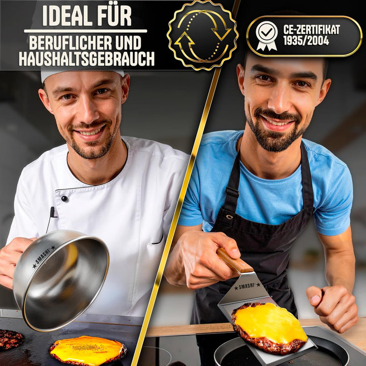 SMASHI® Smash Burger Set mit Holzgriffen – Grillzubehör aus Edelstahl 304 Burgerpresse, Spachteln &